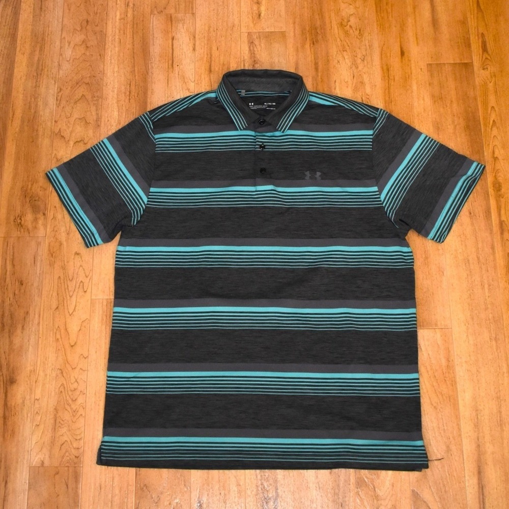 Under Armour Polo Shirt Mens XL Gray Teal Excellent Striped HeatGear Loose Fit